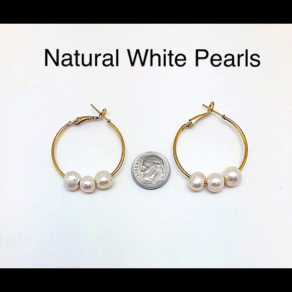 White Freshwater Pearl Gold Hoops 35mm, 1 1/4”, Ships in Gift Box, NWT - Picture 6 of 8